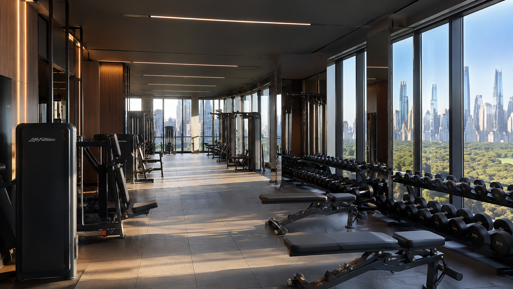 Luxury empty Manhattan building gym floor-to-ceiling windows Upper East Side