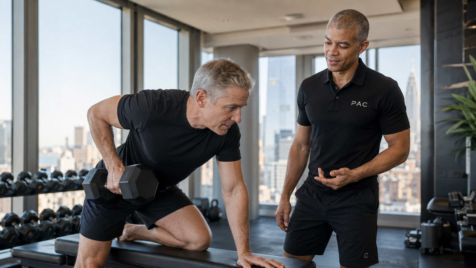 Personal trainer coaching client on strength training in private Upper East Side building gym
